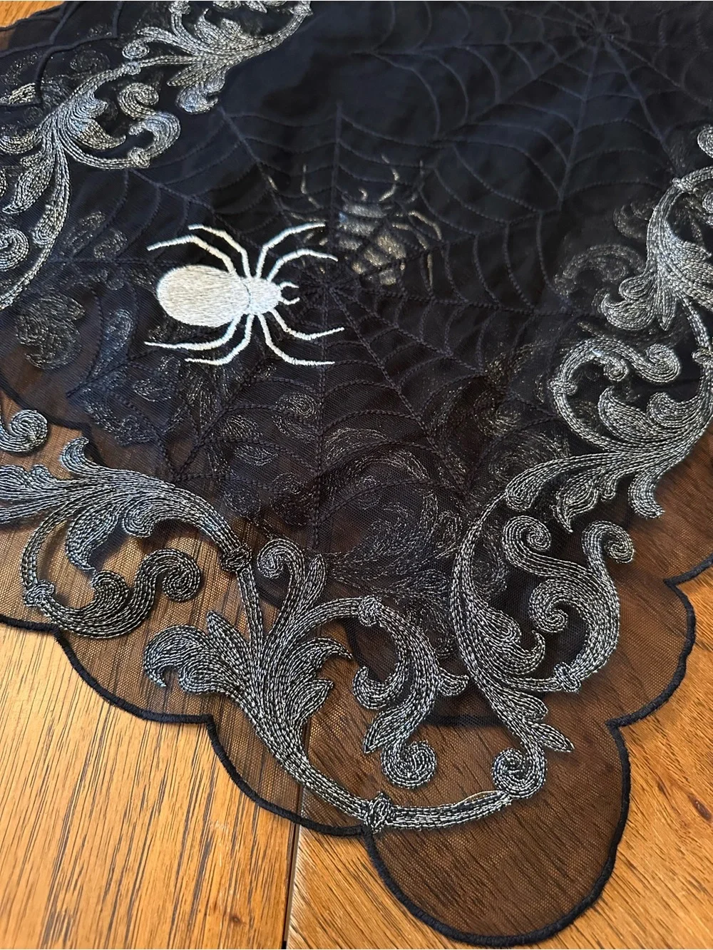 Black Lace Spider Web Table Runner with Silver Embroidery, Halloween, NWT